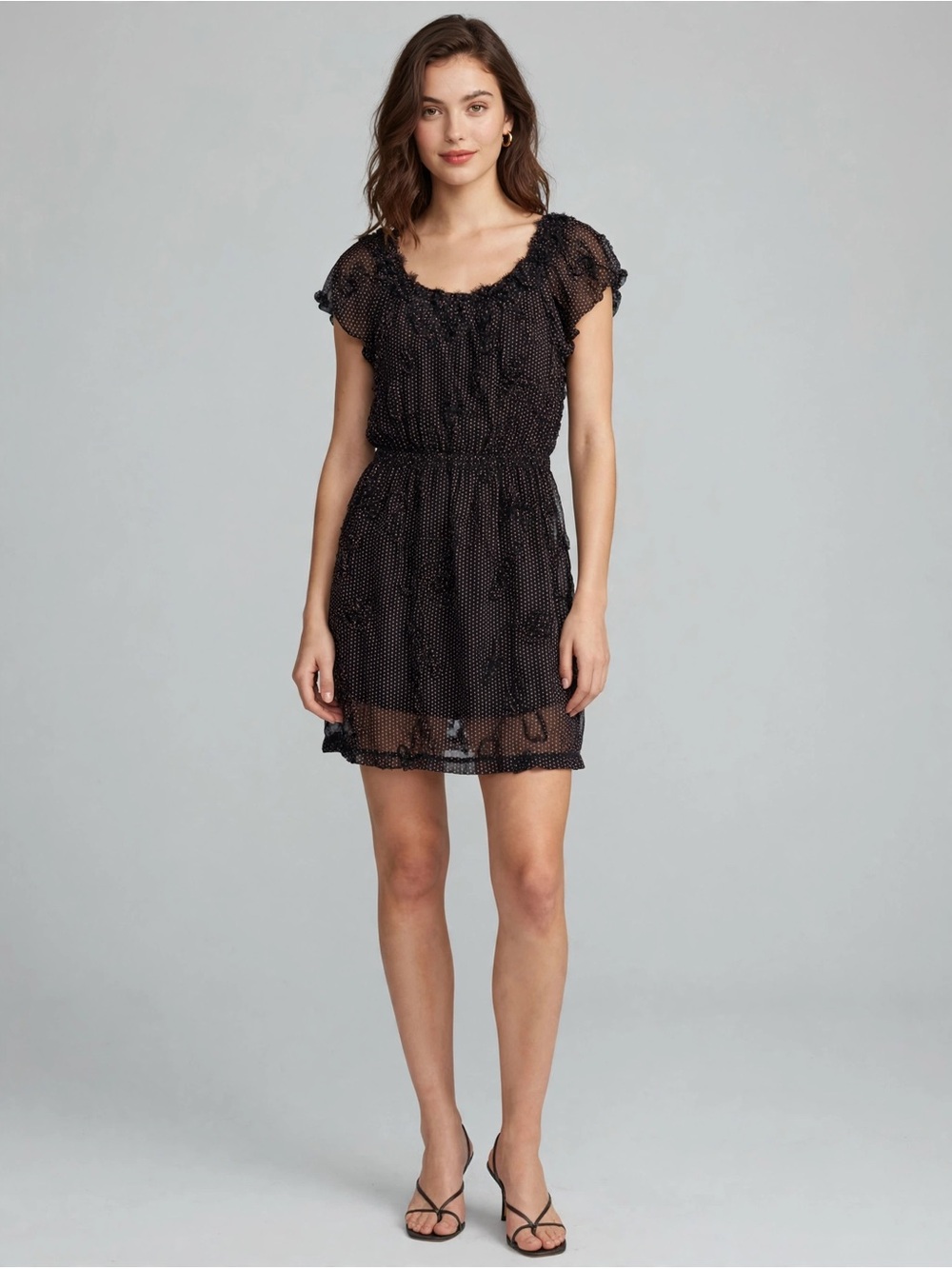Studio M Black Dotted Ruffle Mini Dress